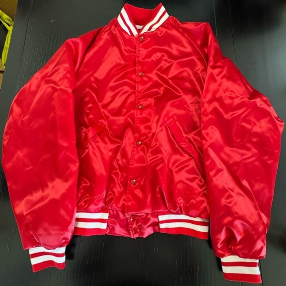 Vtg 80s Dunbrooke Pla-Jac Satin Bomber Jacket Bovard Supply Co Red 44 L‎ Street